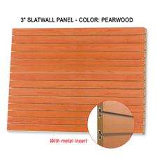 3" Pearwood melamine slatwall panel with metal insert.